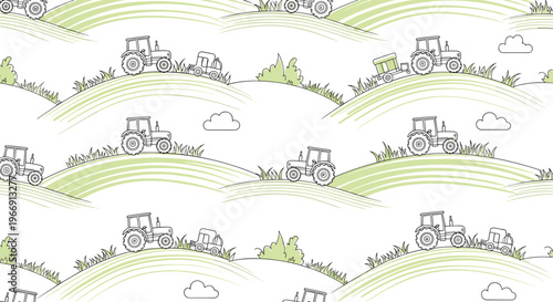 Simple seamless pattern with tractors working on green hills under clouds for farming and agriculture themed illustrations.
