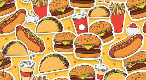 Vibrant seamless pattern with various fast food stickers like burgers, tacos, hot dogs, and fries on a bright yellow background.