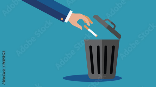 Successful businessman hand throwing cigarette in trash can to quit smoking and start a healthy lifestyle choice for wellness