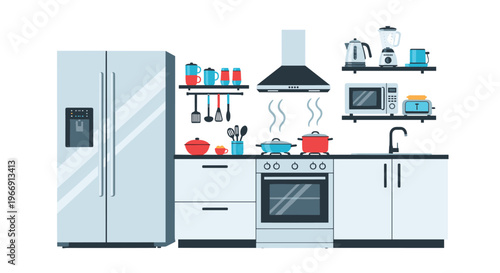 Modern kitchen interior illustration with refrigerator, stove, oven, and microwave oven organized in a clean contemporary household space.
