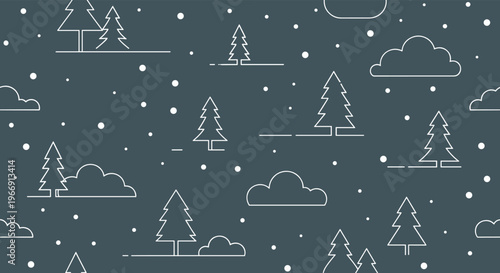 Seamless winter landscape pattern featuring minimalist line art trees, clouds, and snow on a dark slate gray background for seasonal designs.