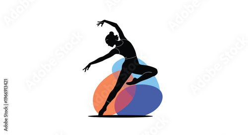 Artistic silhouette of a graceful female dancer performing a dynamic pose against a background of soft colorful abstract overlapping oval shapes.