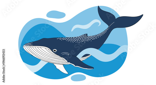 Majestic blue whale illustrated swimming gracefully through stylized ocean waves and abstract blue water shapes in a serene aquatic environment.