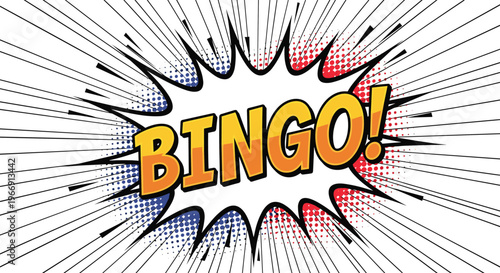 Dynamic comic book style bingo text in vibrant orange and yellow with a halftone shadow effect against a black and white sunburst action background.