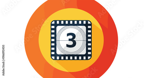 Stylized movie countdown timer icon displaying the number three centered on a vibrant orange and yellow circular sunburst background design.