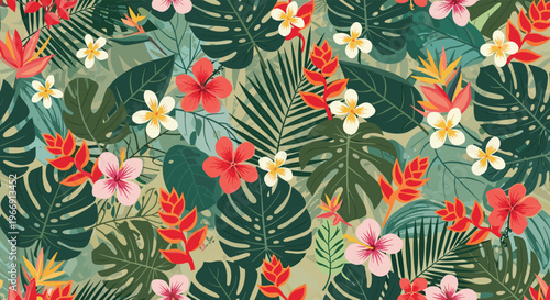 Vibrant seamless tropical pattern showcasing a lush variety of exotic green leaves and colorful hibiscus and plumeria flowers in a dense jungle.
