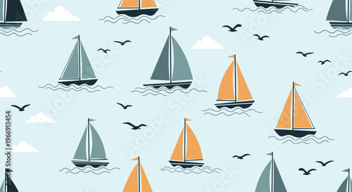 Charming seamless nautical pattern featuring various sailboats and seagulls gliding over gentle blue sea waves under scattered white clouds.