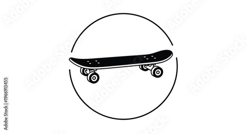 Minimalist black and white line art illustration of a classic skateboard viewed from an angle enclosed within a simple circular border design.