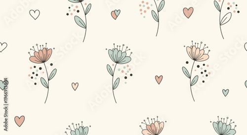 Sweet seamless pattern with small pastel flowers, hearts, and dots on a light cream background, perfect for nursery or delicate gift wrap designs.