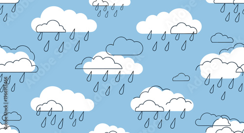 Soft seamless weather pattern featuring various white and outline clouds with falling raindrops against a clear blue sky background for kids design.