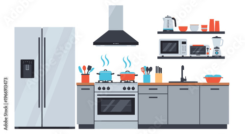 Modern gray kitchen interior illustration with stainless steel refrigerator, range, and shelves holding various culinary tools and appliances.