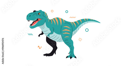 Detailed illustration of a fierce Tyrannosaurus Rex dinosaur with teal and orange markings, standing on a white background with abstract shapes.