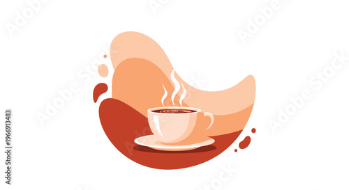 Cozy illustration of a steaming cup of coffee or tea on a saucer, set against a background of warm brown and peach abstract flowing shapes.