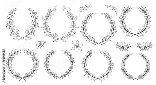 Extensive collection of delicate black and white hand-drawn floral and leaf wreaths, frames, and branches for elegant decorative projects.