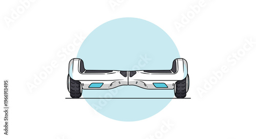 Clean illustration of a white self-balancing electric scooter or hoverboard with blue light accents, centered on a light teal circular background.
