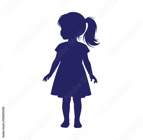 dark blue silhouette of a little girl standing with pony tail