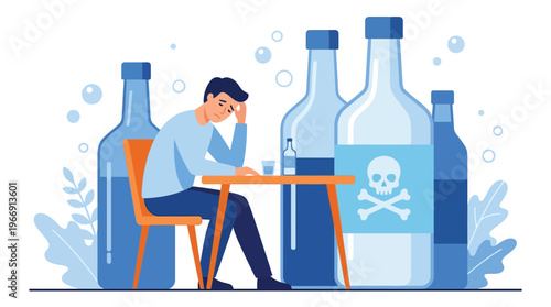Sad depressed man struggling with alcohol addiction and substance abuse surrounded by giant liquor bottles vector illustration