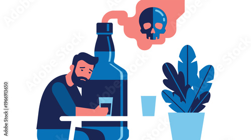 Sad Man Sitting Alone with Large Alcohol Bottle and Skull Smoke Representing Substance Abuse Addiction and Mental Health Issues