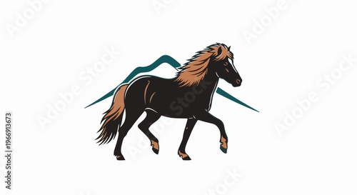 Black horse with brown mane and tail, mountain backdrop