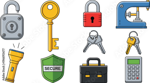 Security Tools Icons Set with Lock, Key, Flashlight, and Toolbox for Protection and Safety Themes in Digital and Physical Security
