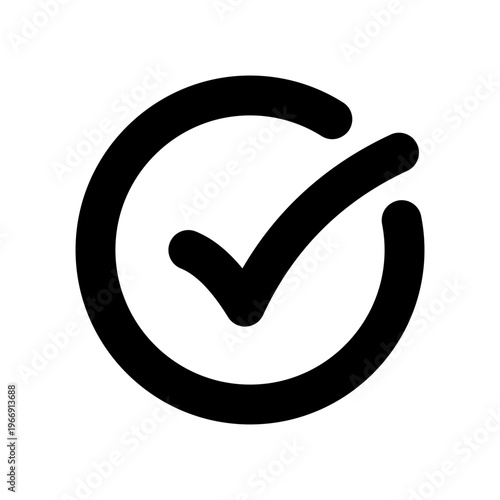Black checkmark icon enclosed within a circular outline, signifying confirmation, selection, or agreement.