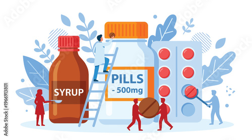 Medical healthcare concept illustration with tiny doctors managing giant pill bottles and syrup for pharmacy and treatment marketing