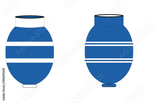 Blue terracotta amphora decorated with white stripes, minimalist, set