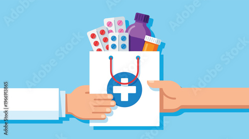 Pharmacist Handing Medical Bag with Pills and Syrup to Patient in Flat Illustration Style for Healthcare Marketing