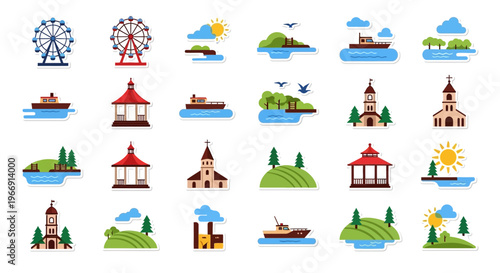 Colorful travel icons featuring landmarks and scenery on transparent background silhouette