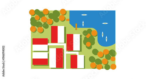 Aerial view of a town with water and trees silhouette on transparent background