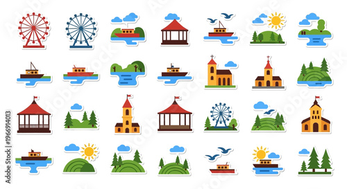 Colorful amusement park icons and landmarks on transparent background silhouette