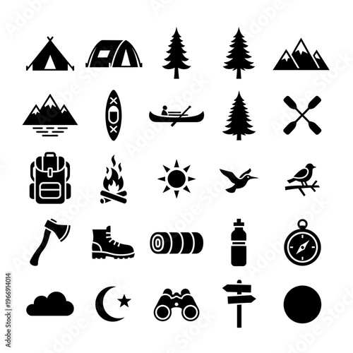 Outdoor adventure icons featuring camping hiking and water sports silhouette on transparent background