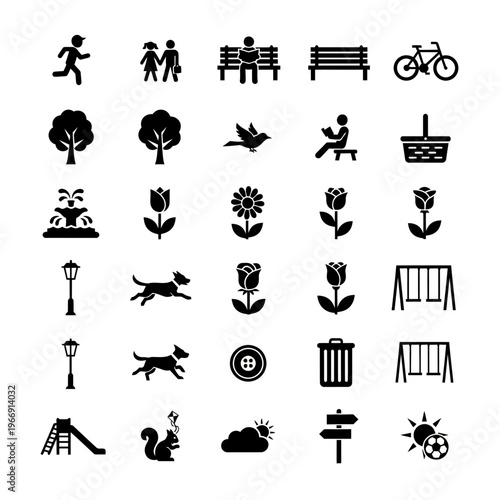 Park life icons featuring people nature and objects on transparent background silhouette