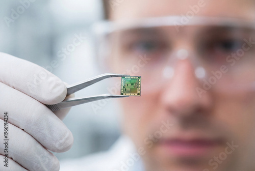 Close-up of a scientist in white gloves holding a tiny microchip with tweezers. His face in safety glasses is blurred in the background.
