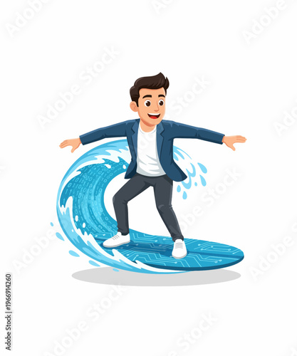 Young professional man expertly surfs a digital information wave on a circuit board surfboard