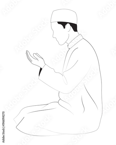 Muslim man praying in sitting position, minimalist line art of Islamic prayer, religious devotion silhouette vector, spiritual worship illustration