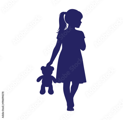 silhouette of a little girl holding a teddy bear walking alone
