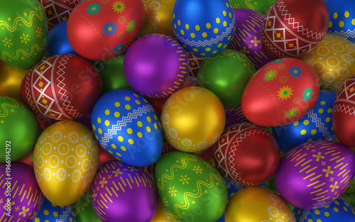The solid background with colorful painted Easter eggs. The festive 3d render with traditional spring gifts.