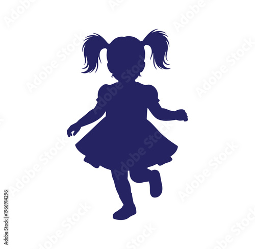 Silhouette of a little girl running with pigtails and a dress on transparent background