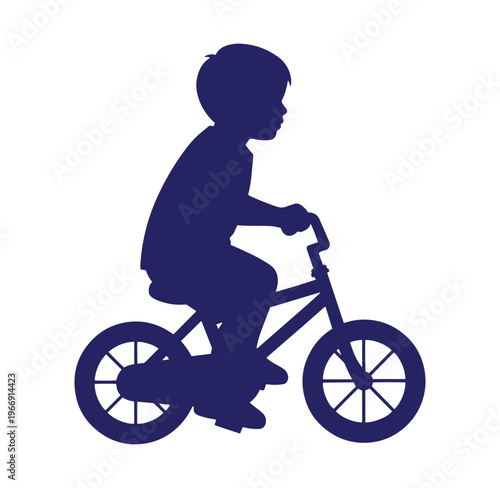 Silhouette of a young boy riding a bicycle on a white background