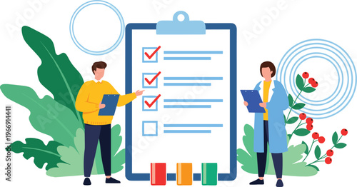 Flat vector illustration of professional people checking tasks on a giant clipboard with checkmarks for project management and business organization success in office.