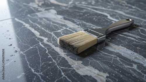 Close-up of a single paint brush on a gray surface