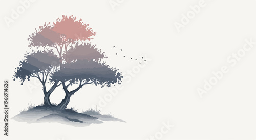 Minimalist Ink Wash Style Tree Illustration with Gradient Leaves isolated PNG with Transparent Background