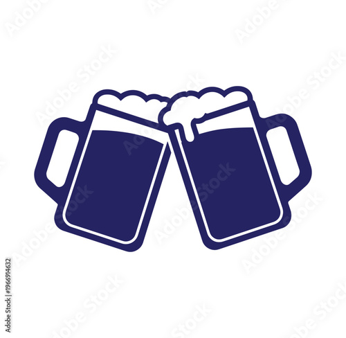 Two beer mugs clinking together with foamy tops in a celebratory toast