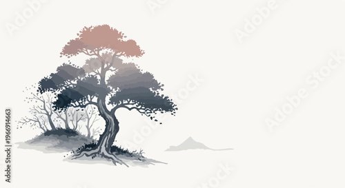 Ink Wash Style Pine Tree Vector Illustration isolated PNG with Transparent Background