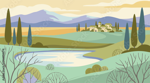 Stylized Tuscan-style countryside panorama with village, lake, and mountains