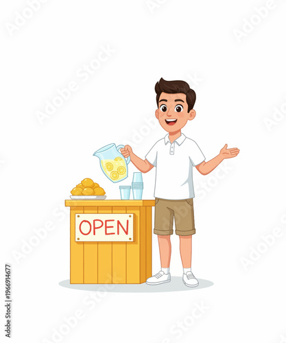 Cheerful young boy proudly operates his brightly colored wooden lemonade stand with fresh fruit.
