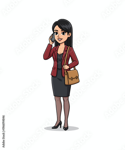 Professional businesswoman in smart attire communicates actively while carrying a stylish leather satchel bag