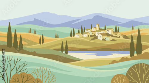 Minimalist illustration of a Tuscan or Mediterranean village and landscape