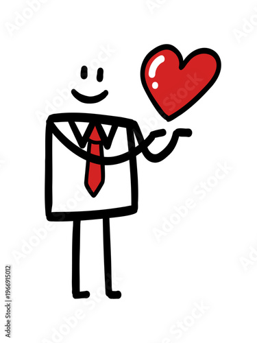 Businessman Holding Heart - Cartoon stick figure businessman happily holding a big red heart, perfect for love, passion, appreciation, and positive emotion